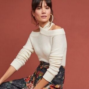 Moth by Anthropologie Cream Cable Knit Criss Cross Open Shoulder Sweater LS sz S